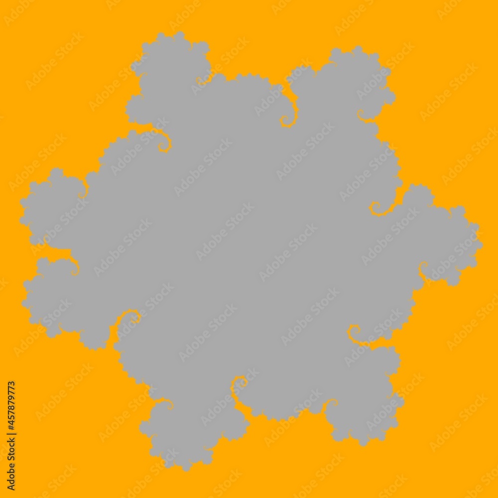 outline shape in grey of a multi-cornered fractal design on a bright orange plain background