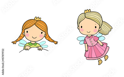 Cute cartoon fairies and princesses. Fairy elves. Children s illustrations. Vector