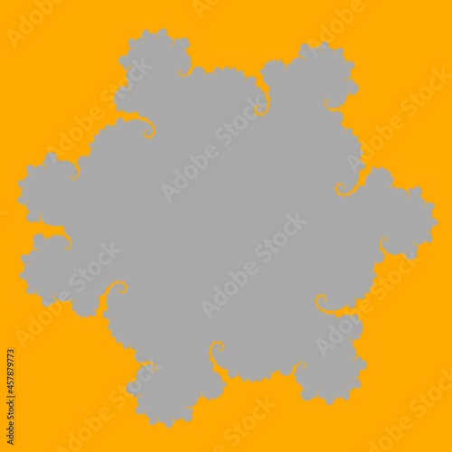 outline shape in grey of a multi-cornered fractal design on a bright orange plain background