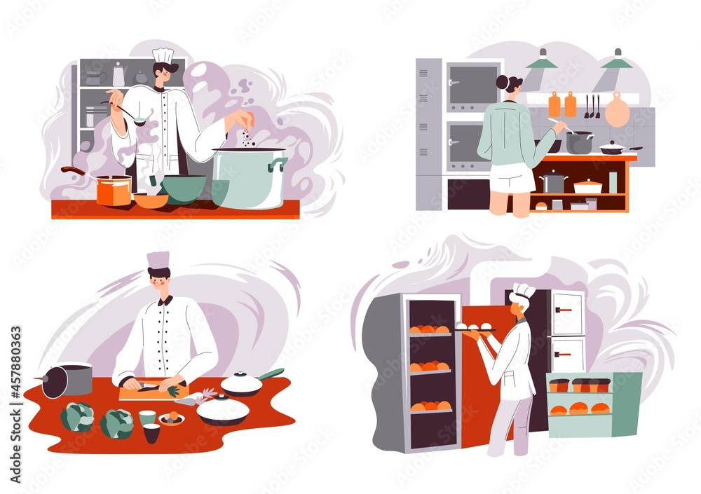 Restaurant or cafe cooking, chef in kitchen vector Restaurant or cafe cooking, chef in kitchen vector