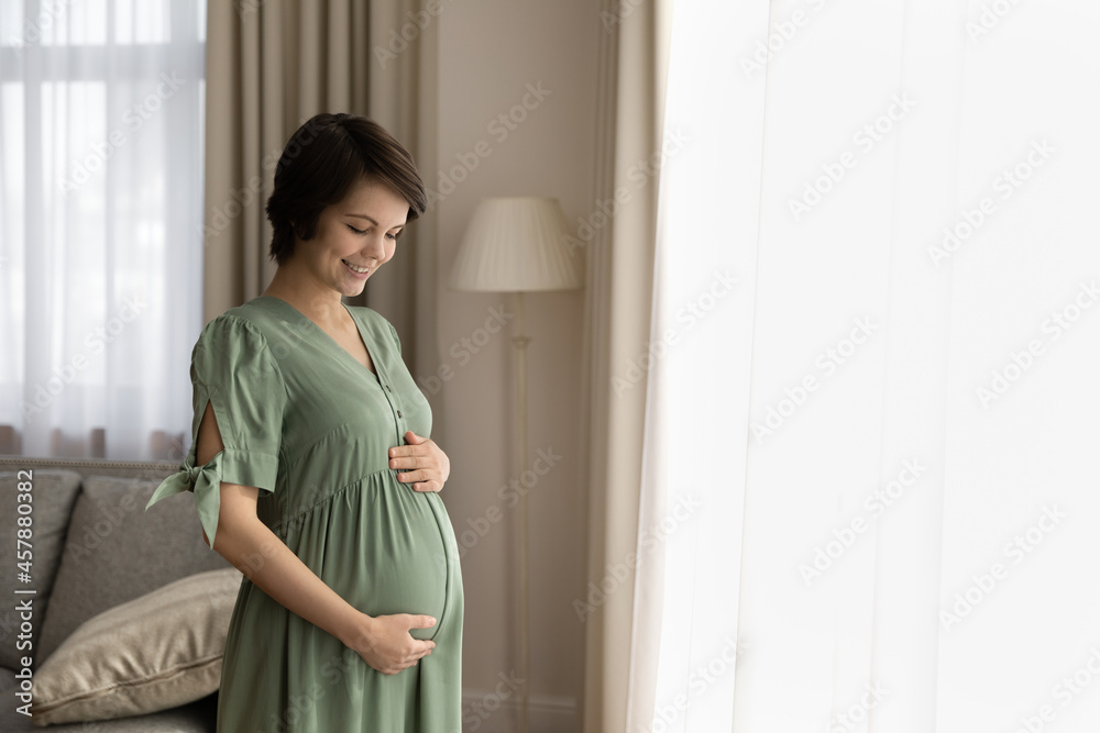 Future mom. Loving expectant mother in fashionable dress for pregnant stand by window caressing baby bump looking on nine month tummy. Beautiful woman waiting for child hold palms on belly. Copy space Future mom. Loving expectant mother in fashionable dress for pregnant stand by window caressing baby bump looking on nine month tummy. Beautiful woman waiting for child hold palms on belly. Copy space