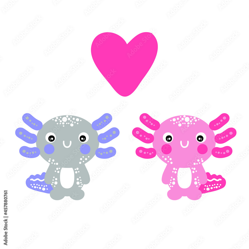 Naklejka premium Hand drawn two cute axolotls with heart. Perfect for T-shirt, textile and prints. Cartoon style vector illustration for decor and design. 