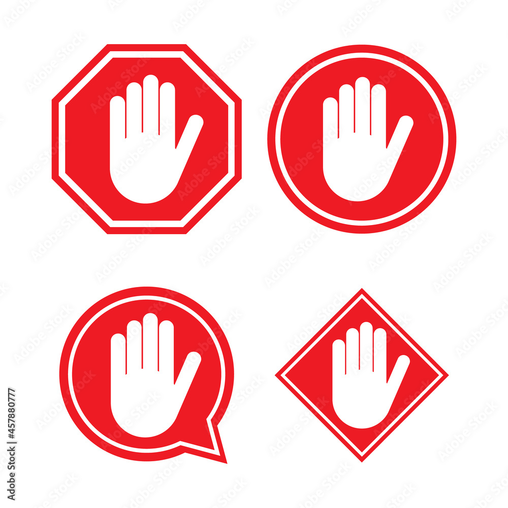 Set of stop icon with alert hand, warning covid symbol, no - danger isolated on white background vector illustration
