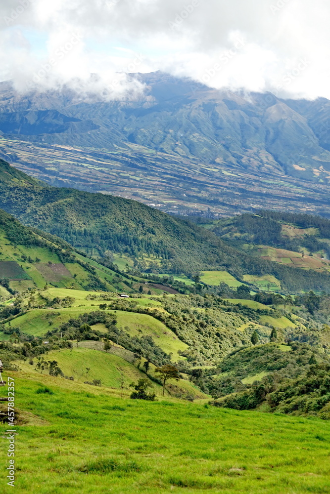 Farms on rolling hills below the mountains, near Lago Mojanda, Imbabura Province, Ecuador