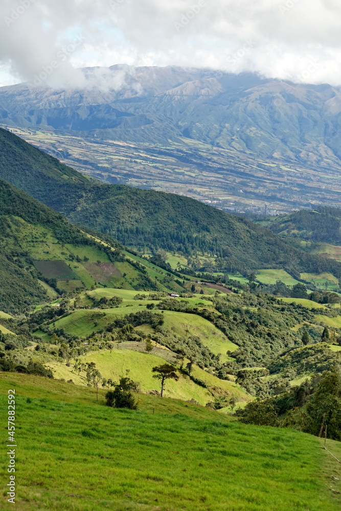 Farms on rolling hills below the mountains, near Lago Mojanda, Imbabura Province, Ecuador