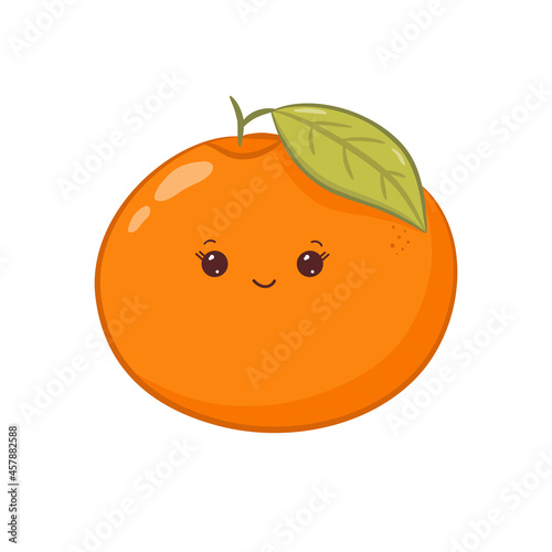 Funny orange with green leaf in kawaii style. Character with happy and cute face. Vector illustration isolated on white background.