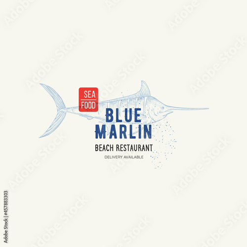 Vector Restaurant and Seafood logo with name and graphic sign Blue Marlin. Fish illustration in sketch style, badge for your design, printing, label.