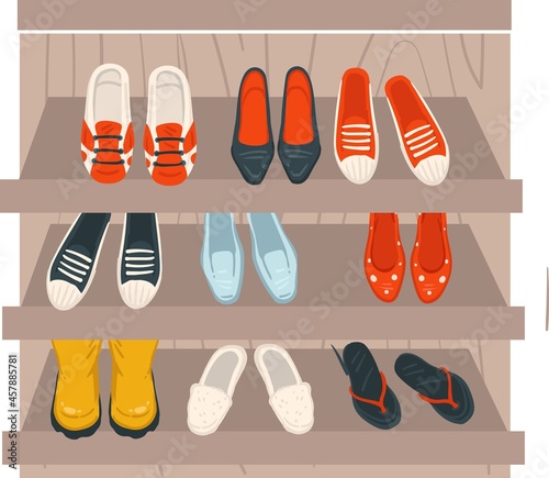 Shelf with shoes, sneakers and heels shop store