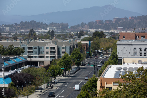 Daytime aerial view of the downtown Bay Area city of Richmond, California, USA.