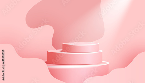 Cylinder podium with wave shape and shadow on cream pink background. Minimal scene with geometrical forms for product presentation