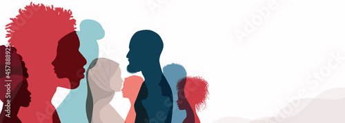 Group silhouette profile of men and women of diverse culture. Diversity multicultural people. Racial equality and anti-racism. Multiethnic society. Friendship.Community. Banner copy space