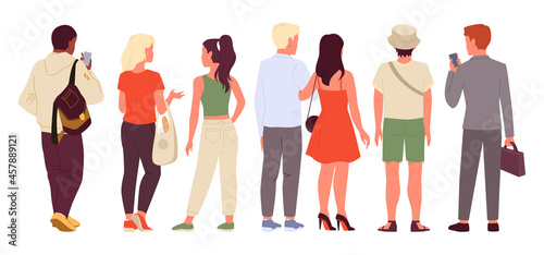 Cartoon male female characters standing, wearing casual clothes, girl student in jeans, young businessman collection isolated on white. Man woman set, crowd of people backside view vector illustration