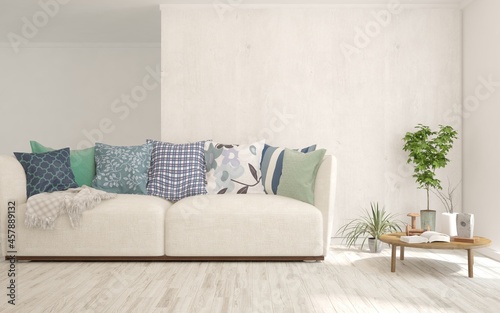 Stylish room in white color with sofa. Scandinavian interior design. 3D illustration