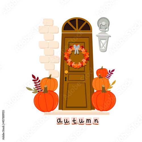 door with autumn wreath and pumpkins on the white background