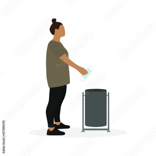 Female character in sportswear throws medical mask in trash can on white background