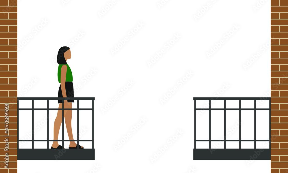 Female character in summer clothes stands on the balcony and looks at the opposite empty balcony Female character in summer clothes stands on the balcony and looks at the opposite empty balcony