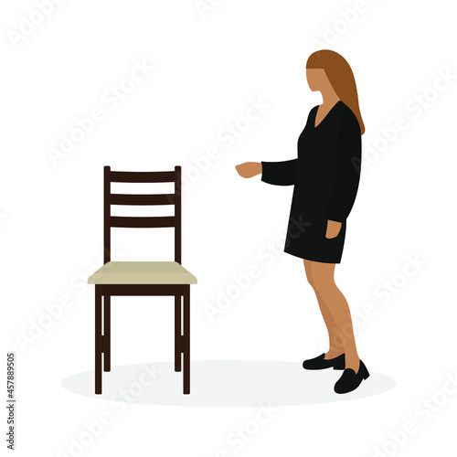Female character points with hand to chair on white background