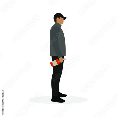 Male character in a jacket and a cap with a bottle of alcohol in his hand stands on a white background
