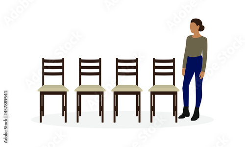 Female character stands near four empty chairs on a white background