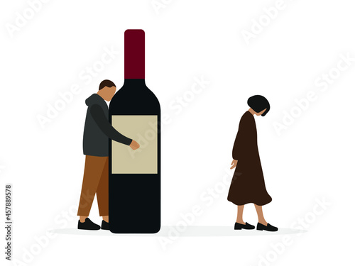 Male character hugs a huge bottle of alcohol while female character with lowered head walks away on a white background