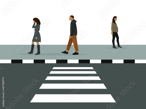 Male character, female character and pregnant female character walking on the sidewalk past the crosswalk