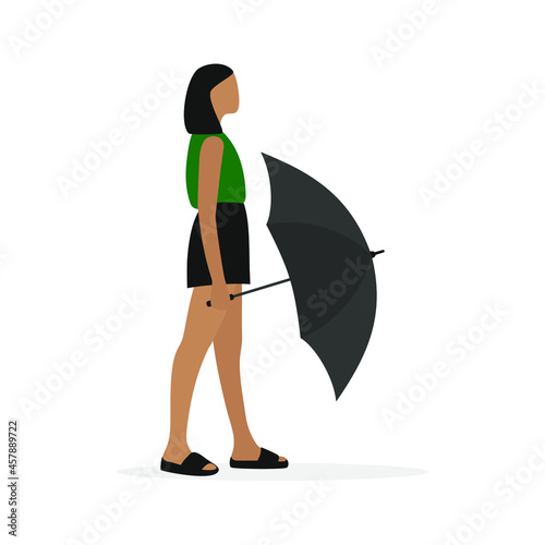 Young female character in summer clothes with an open umbrella in hand stands on a white background