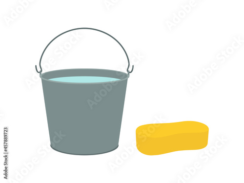 Bucket with water and sponge on white background
