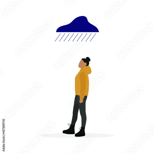 Female character walking and looking at a rain cloud on a white background