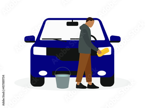 Male character washing car headlight on white background