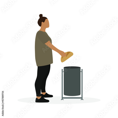 Fat female character in sportswear throws bread in trash can on white background