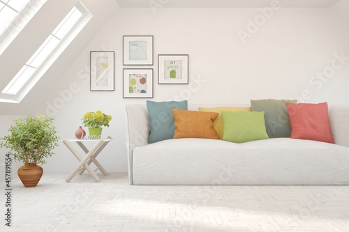 White living room with sofa. Scandinavian interior design. 3D illustration