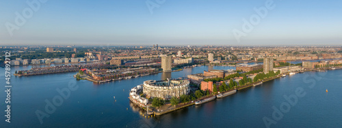 Aerial panorama of Eastern Docklands residential area in Amsterdam
