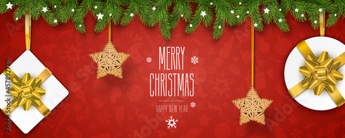 Horizontal Christmas Poster, Greeting Card or Header for Website with Realistic Objects
