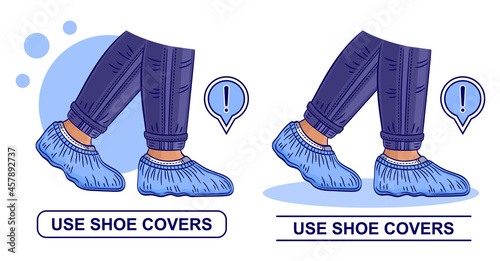 Shoe covers icon set. Medic protective disposable surgical overshoe. Use personal medical sterile foot uniform. Protector for footwear. Plastic footgear bags. Protection clean floor from dirt. Vector