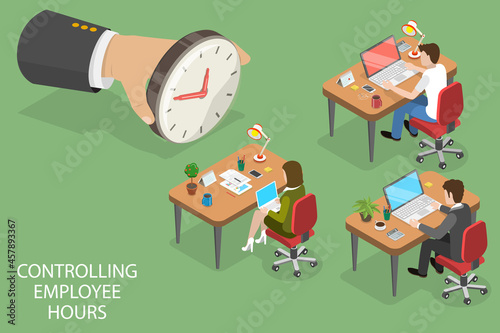 3D Isometric Flat Vector Conceptual Illustration of Controlling Employee Hours, Working in High Stress Conditions
