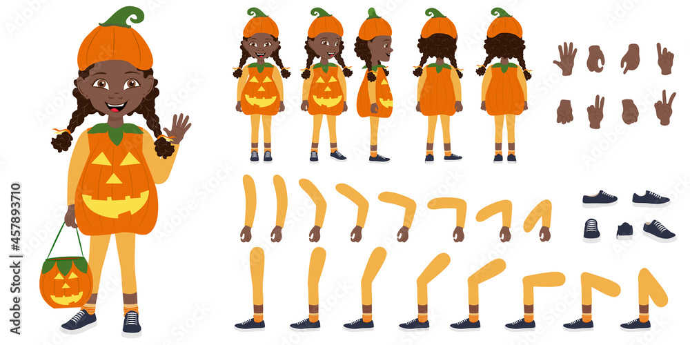 Fototapeta premium Flat Vector Illustration of Cute African American Kid Girl Wearing a Pumpkin Halloween Costume, Cartoon Character Set For Animation, Various Views, Poses and Gestures