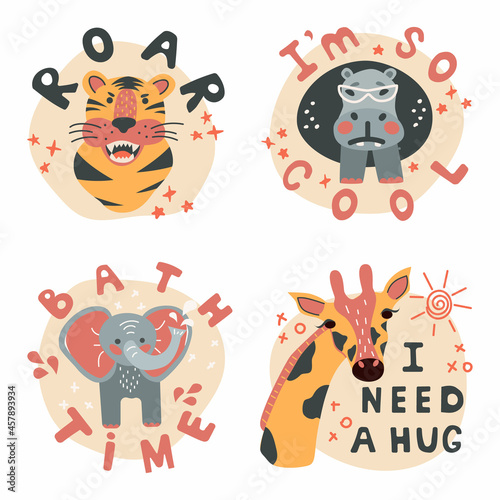 Vector illustration of African animals : elephant, giraffe, tiger, hippo with lettering, isolated on white background. Cute funny animal for children, can used like a sticker, t-shirt, print, poster