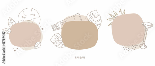 Set of vector hand-drawn illustrations. Abstract shapes in pastel color,  linear drawing. Space for text, template, frame. Sheet mask, cream packaging, jade facial massager. Skincare, beauty routine