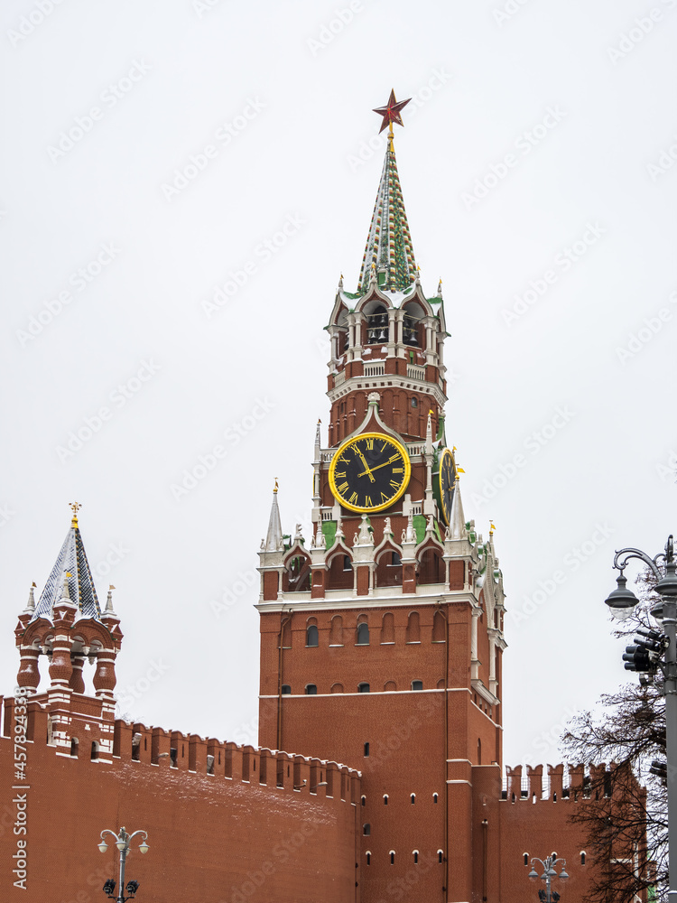 Spasskaya Tower of Moscow Kremlin on Red Square, Russia