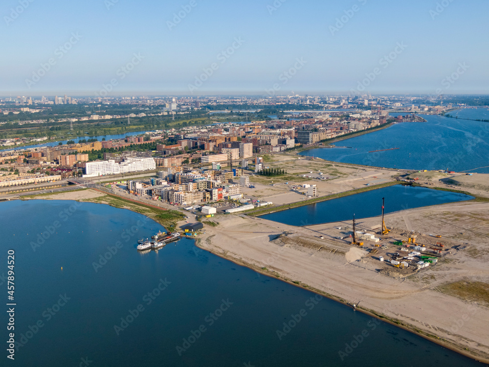 Aerial view of the construction site at the artificial Centrum island in Amsterdam
