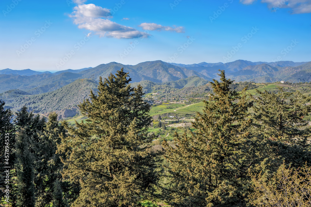 Obraz premium The monastery of Chrysoroyatissa (Mother of God with a Golden Garnet) was founded in 1152 in Troodos on Mount Roja. The buildings that have come down to our time date back to 1770. 