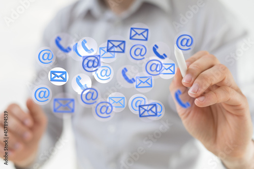  touching 3D rendering flying email icon with his fin