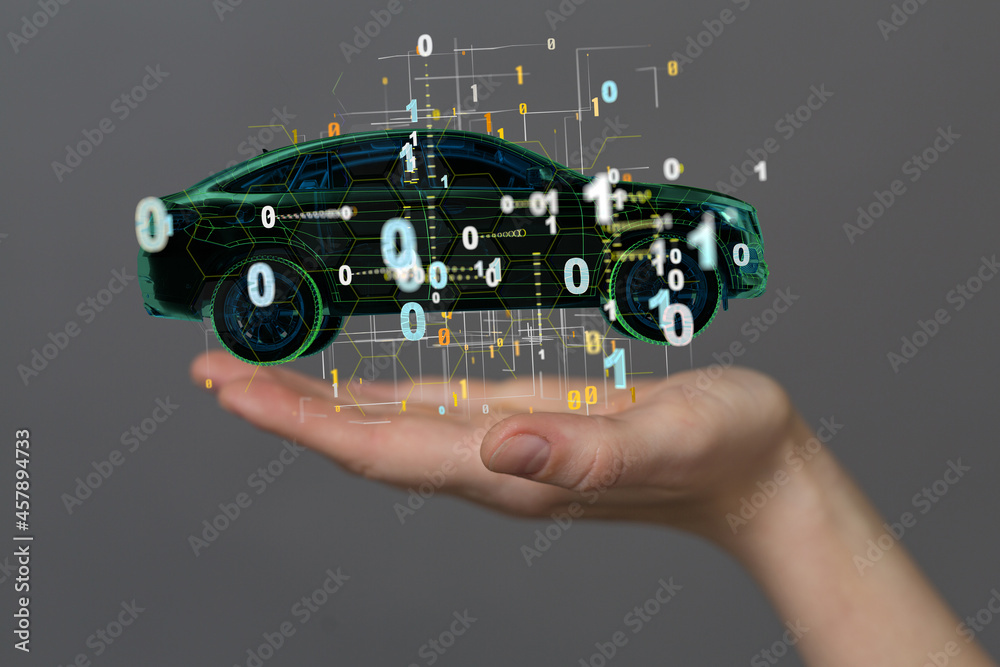 Man holding and touching holographic smart car Man holding and touching holographic smart car