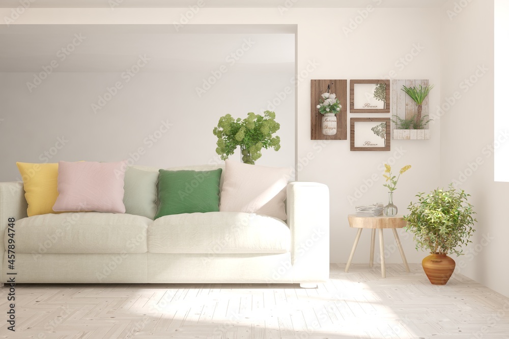 White living room with sofa. Scandinavian interior design. 3D illustration