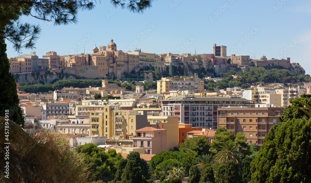 Skyline of Cagliari, Italy, seen from the Bonaria park, with Castello historic district on top
