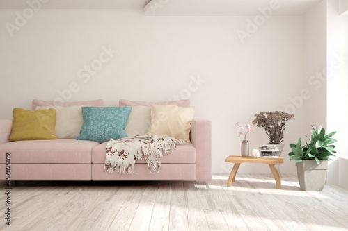 White living room with sofa. Scandinavian interior design. 3D illustration