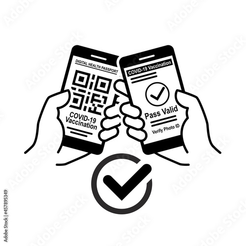 Verification Digital Health Passport on smartphone in hand. Scanning vaccination QR-code. Quarantine measures against coronavirus. Vector