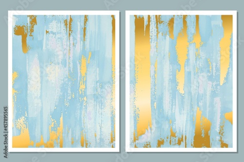 Watercolor blue and gold texture card, poster, background. Luxury design. Wall art, mural template.