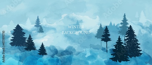 Winter forest panorama. Pine trees, snow banks. Winter landscape with blue watercolor background