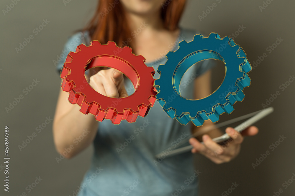 Man draws gears on virtual screen. Blurred Abstract engine room.. Man draws gears on virtual screen. Blurred Abstract engine room..